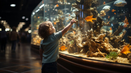 Captivating scene of a child in awe, interactively exploring a large aquarium amidst a family-friendly shopping center on a plain background.