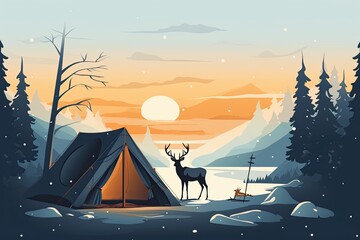 camping adventure in winter in the wilderness tent and deer illustration