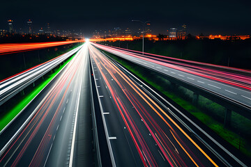 Fototapeta na wymiar Speeding down a highway at night. Long exposure lights trail. Traffic on highway