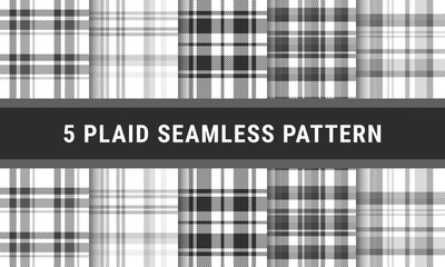 Set Tartan Plaid Seamless Pattern In White Black Grey. Checkered fabric texture for flannel shirt, skirt, blanket
