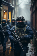 Armed police in all black uniforms marching down a street in the daytime