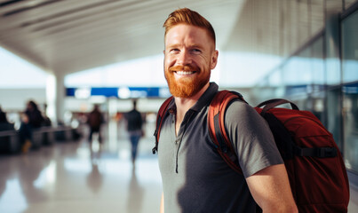 Obraz premium Man travel at airport with backpack, male walking at the gate at the terminal waiting for her flight in boarding lounge, People traveler enjoy trip and holiday.
