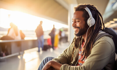Happy smiling black skin male traveler in airport, man in headphones sitting at the terminal waiting for her flight in boarding lounge.