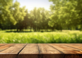 Empty wooden table with summer green forest park background.Macro.Ai Generative