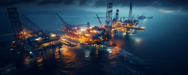 Offshore Oil station in sea and Oil production at evening time  - obrazy, fototapety, plakaty