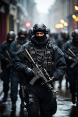 Armed police in all black uniforms marching down a street in the daytime