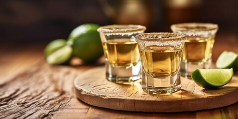 Fototapeta na wymiar Golden tequila shots with lime and salt on wooden board background.Macro.AI Generative