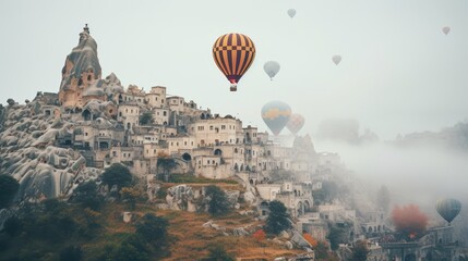 Balloons of various colors float above an ancient settlement featuring stone and cave houses, set against a misty highland backdrop on an overcast day in Turkey.