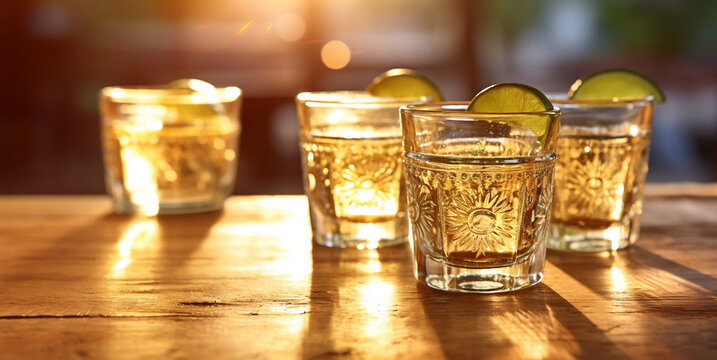 Golden mexican tequila shots with salt and lime on wooden board.Macro.AI Generative