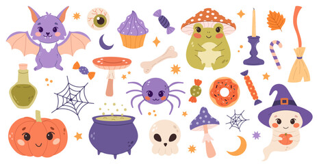 Cute halloween set with spooky characters on a white background 