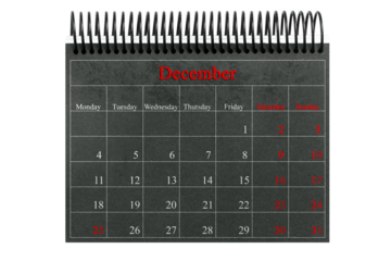 December 25 in a notebook calendar in a transparent background in PNG
