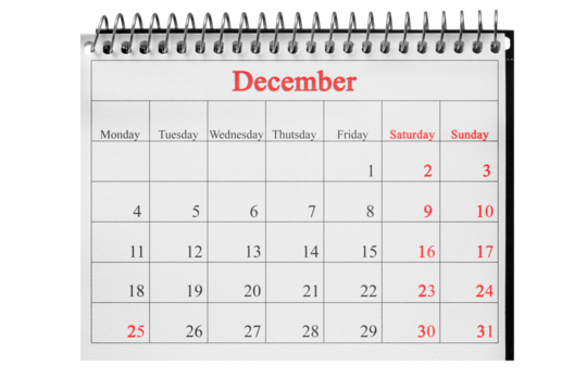 December 25 in a notebook calendar in a transparent background in PNG