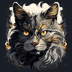 Hand drawn poster with cat portrait  isolated  black background