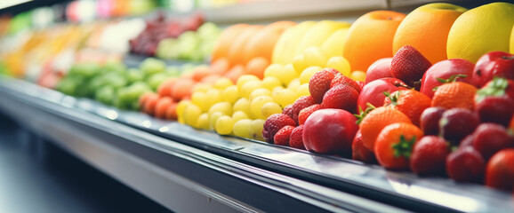 Fresh organic fruits on a shelf in a supermarket, Variety Shopping  in a supermarket apples, oranges, bananas, grapes, pineapples lemons, healthy consumerism food concept.