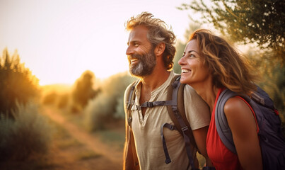 Couple hiker traveling, walking Italian Tuscan Landscape view under sunset light. Man and Woman traveler enjoys with backpack hiking in mountains. Travel, adventure, relax, recharge concept.