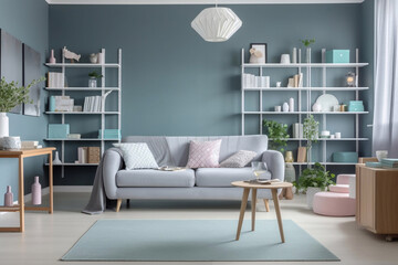 Light cozy  room with white bookcases and gray sofa