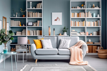 Interior of a living room in a light color with grey sofa, bookcases, and plants