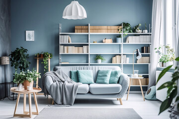 Light cozy  room with white bookcases gray sofa