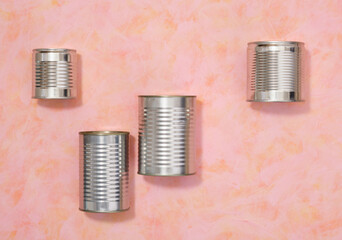 Food donations for needy people. Top view of metal cans. Canned food.