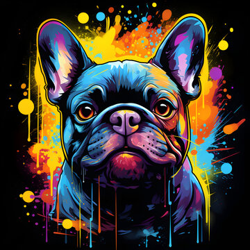 Colorful poster with french bulldog in vector design style isolated on black background