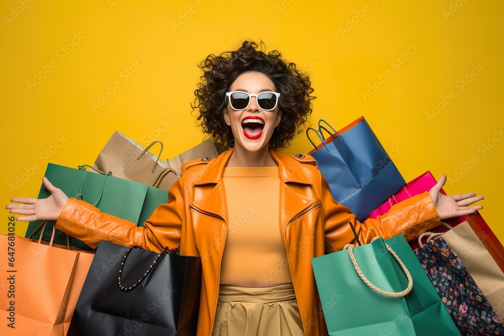 Wall mural Happy woman is excited with successful shopping at Black Friday sale in shopping mall