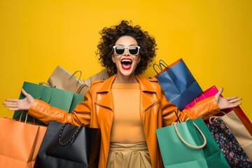 Happy woman is excited with successful shopping at Black Friday sale in shopping mall