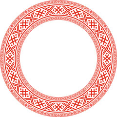 Vector red round Belarusian national ornament. Ethnic endless color border, Slavic peoples frame. - obrazy, fototapety, plakaty