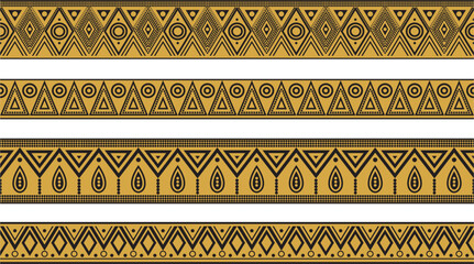 Vector set of gold and black native american ornamental seamless borders. Framework of the peoples of America, Aztecs, Maya, Incas..