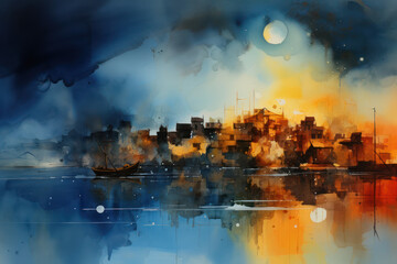 Modern dawn brilliant city light abstract oil painting with bold strokes in blue and orange color for Living room bedroom aisle fashion decor, Generative AI