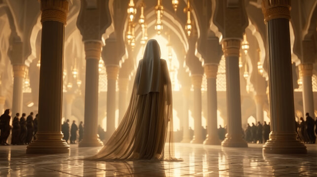 Rear View Silhouette Of Woman Wearing Hijab Walking Into Glorious Temple. Religion Concept.