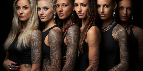 Diverse women showcasing their ethnic tattoos - vibrant testament of cultural multiracialism and individual identity. - obrazy, fototapety, plakaty