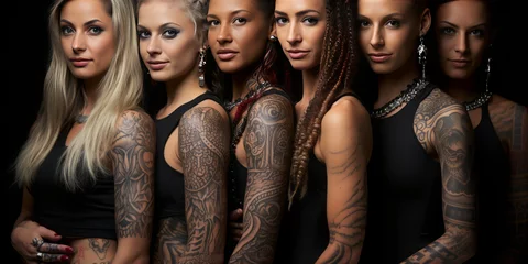 Poster Diverse women showcasing their ethnic tattoos - vibrant testament of cultural multiracialism and individual identity. © XaMaps