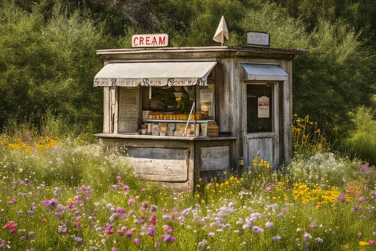 kleiner alter Holz Eisstand mit leckerem Eis