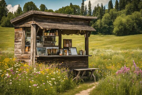 kleiner alter Holz Eisstand mit leckerem Eis
