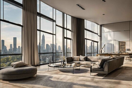 Noble, moderne innenaustattung in einer Stadt, Wohnzimmer mit bequemer chouch, Tisch und gro&szlig;en Fenstern