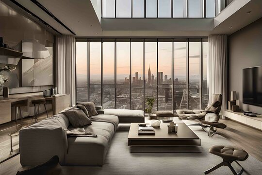 Noble, moderne innenaustattung in einer Stadt, Wohnzimmer mit bequemer chouch, Tisch und gro&szlig;en Fenstern