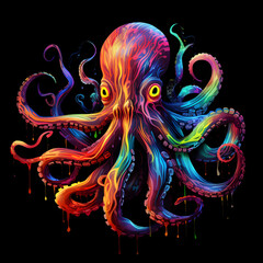 Colorful poster with octopus isolated on black background