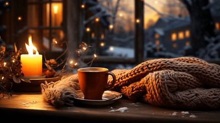 Gemütlicher WInterabend, kalt, warm, tee, kaffee, Fenster, atmosphäre, Kerzen, Lichter, Beleuchtung, Winter, Herbst, Schnee