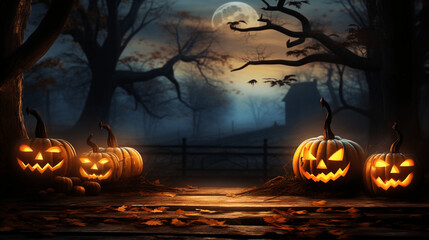 Halloween, Kürbis mit gruseligem Gesicht, Wald, Bäume, Mond, Nebel, unheimlich, Oktober