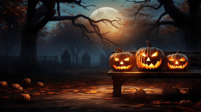 Halloweenk&uuml;rbisse auf einer Bank, Park, Friedhof, gruselige B&auml;ume, in der Nacht, Mondschein, Geisterstunde