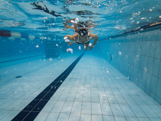A girl with a diving mask swims underwater in the sport pool.