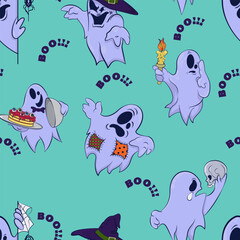 Pattern with a funny ghosts. Design for Halloween. Cartoon characters for comics and postcards – ghosts. Halloween design Background. Vector image
