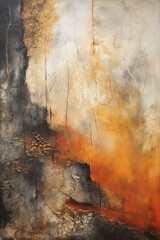 abstract painting on paper with orange and brown colors, ethereal wood, weathered materials, eroded interiors, Generative AI