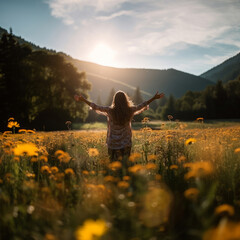 Woman worshiping hands raised to the sunset in open field. Religion concept.Woman worshiping hands raised to the sunset. Religion concept. - obrazy, fototapety, plakaty