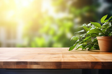 Wooden table on blurred green plants background. Empty wooden table and blurred green background.