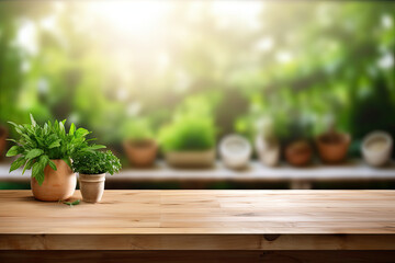 Wooden table on blurred green plants background. Empty wooden table and blurred green background.