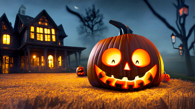 Funny halloween pumpkin with house in the beckground
