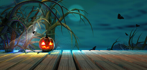 Halloween background with pumpkin in the night. 3D render illustration.