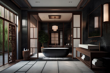 Oriental style interior of bathroom in luxury house.