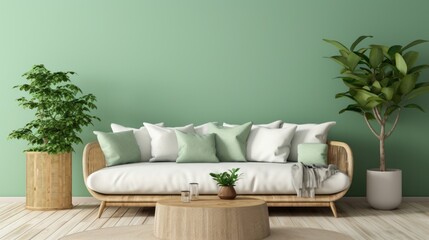 A modern living room with vibrant green walls and a sleek white couch